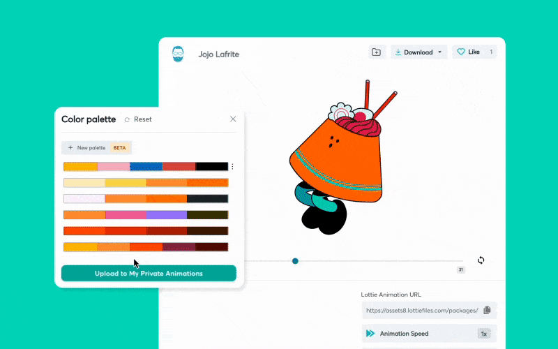User applies new colors to animations with LottieFiles Color Palette